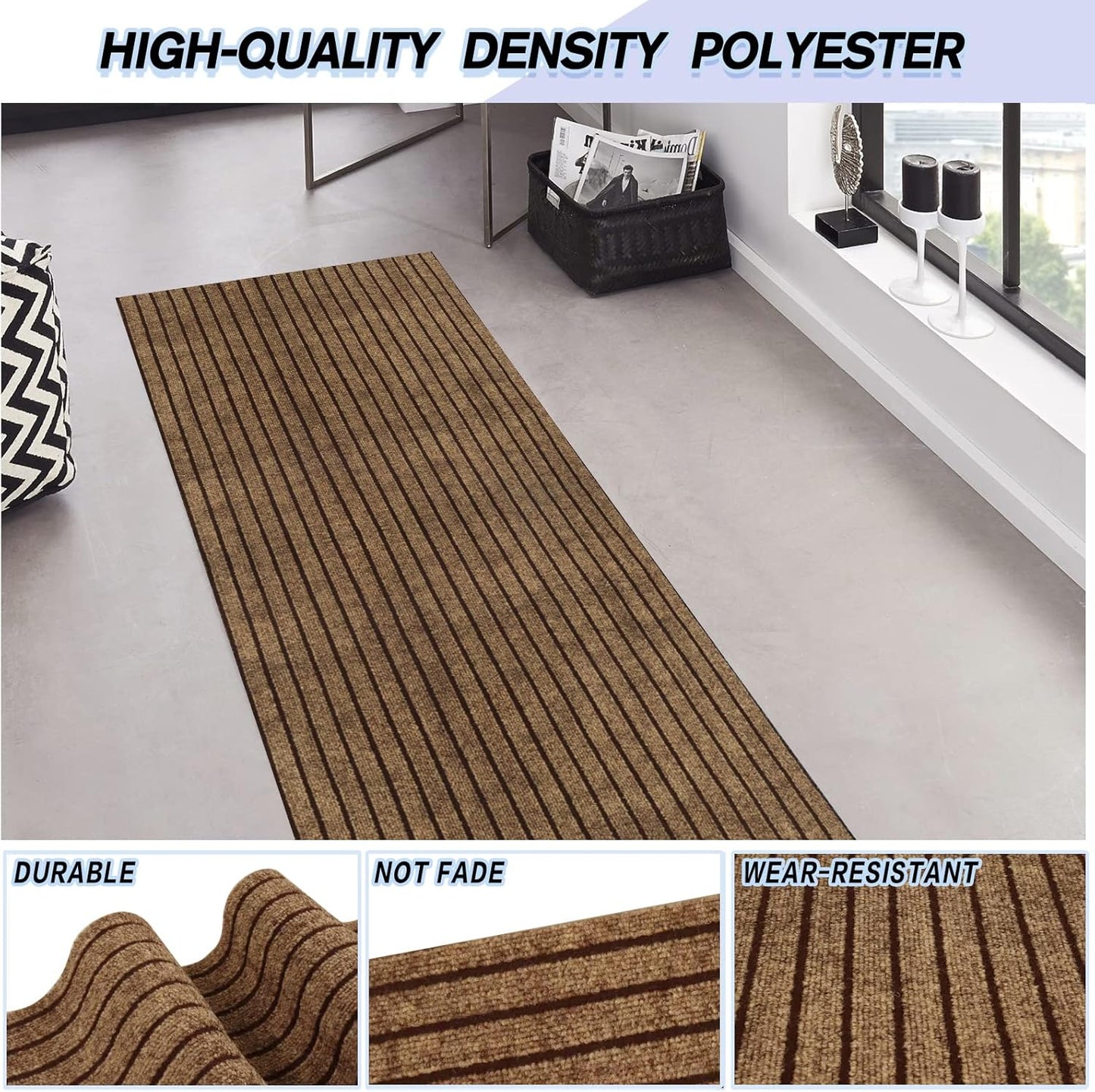 Custom Size Backed Non-Slip Area Rugs Runner, Easy Clean, Waterproof Runner Rugs for Hallway Entryway, Kitchen, Laundry, 2FT x 10FT, Brown Stripe