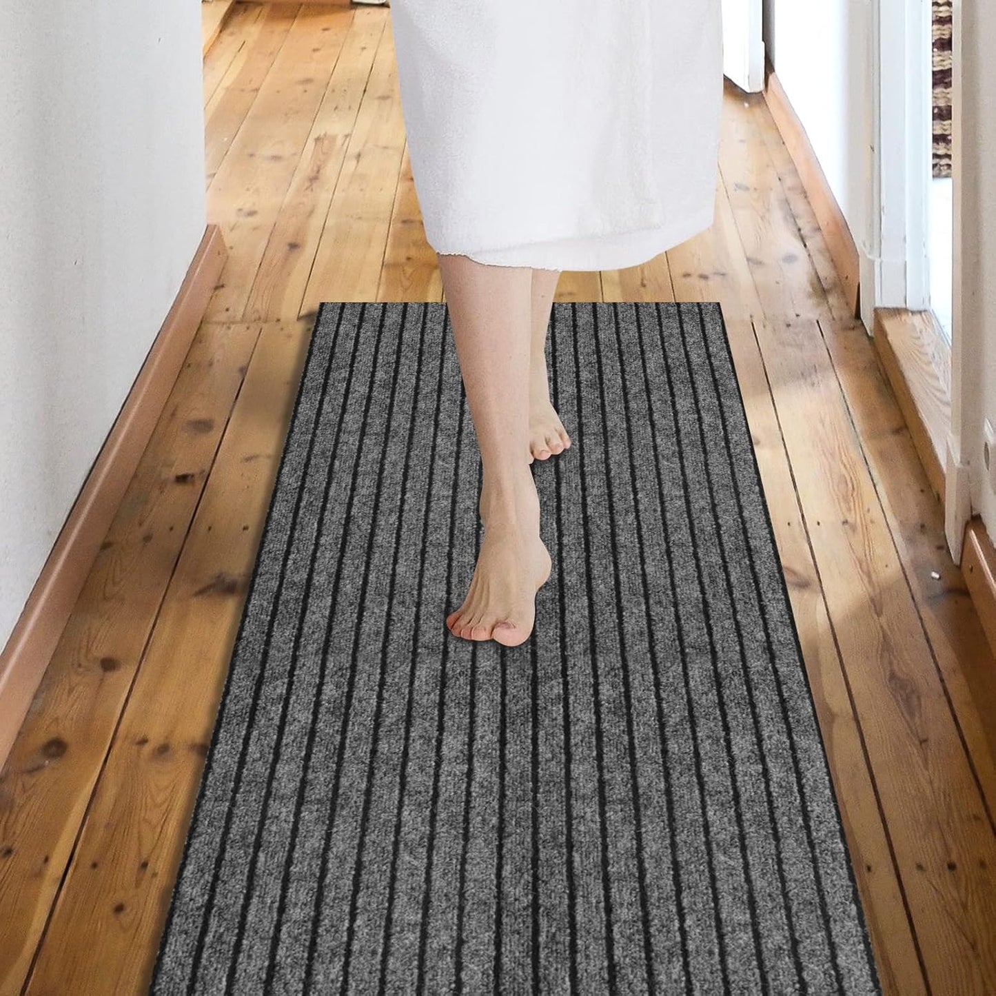 Custom Size Backed Non-Slip Area Rugs Runner, Easy Clean, Waterproof Runner Rugs for Hallway Entryway, Kitchen, Laundry, 2FT x 77FT, Gray Stripe