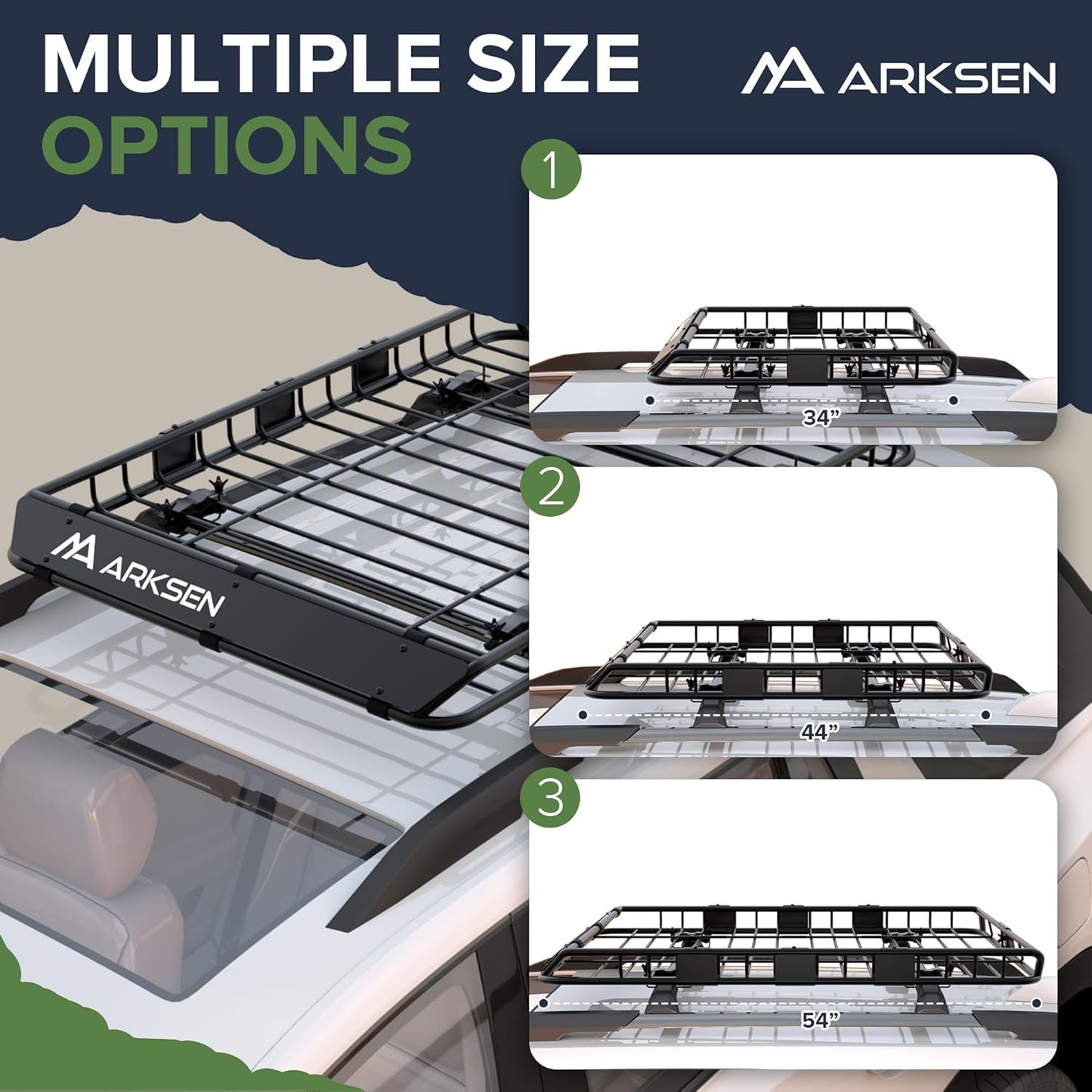 ARKSEN 54 x 39 x 5 Inch Upgrade Universal Roof Rack with Waterproof Bag, Cargo Net&2 Ratchet Straps - 150Lbs Capacity Heavy Duty Rooftop Cargo Carrier with Extension for Car, SUV & Pickup