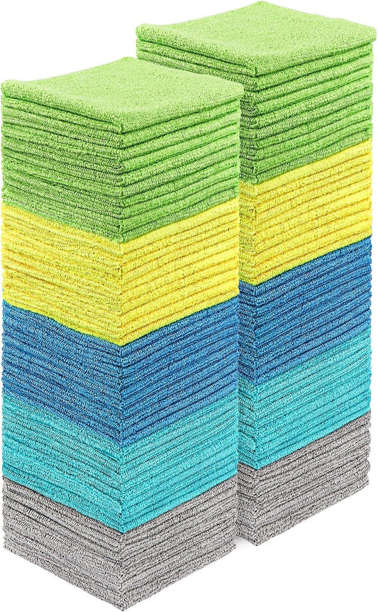HOMEXCEL Microfiber Cleaning Cloths 100 Pack, Highly Absorbent Microfiber Towels, Lint & Scratch-Free Cleaning Rags for House, Kitchen and Car, Multi-Color Microfiber Towels for Car 11.5 x 11.5 inch