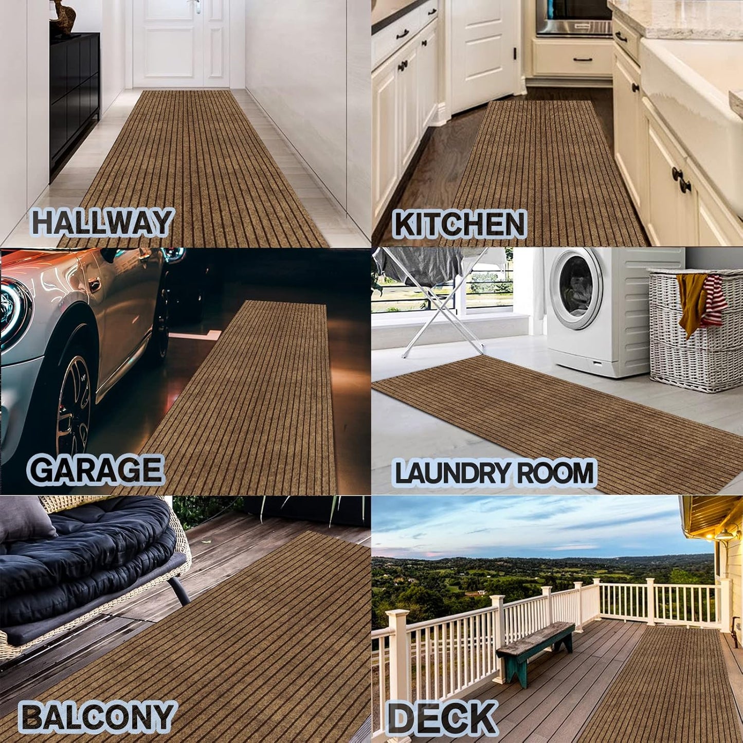 Custom Size Backed Non-Slip Area Rugs Runner, Easy Clean, Waterproof Runner Rugs for Hallway Entryway, Kitchen, Laundry, 3FT x 11FT, Brown Stripe
