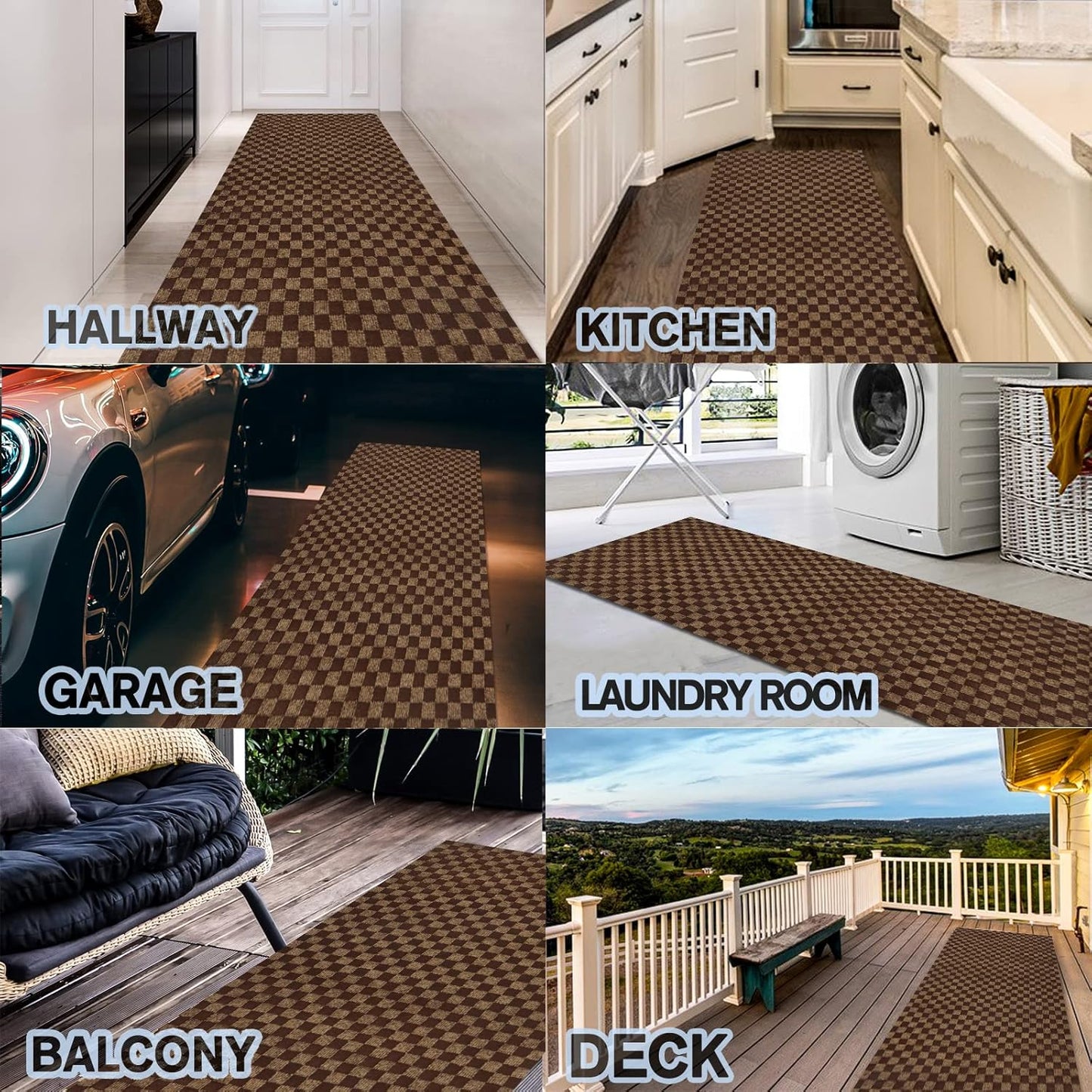 Custom Size Backed Non-Slip Area Rugs Runner, Easy Clean, Waterproof Runner Rugs for Hallway Entryway, Kitchen, Laundry, 3FT x 41FT, Brown Checkered