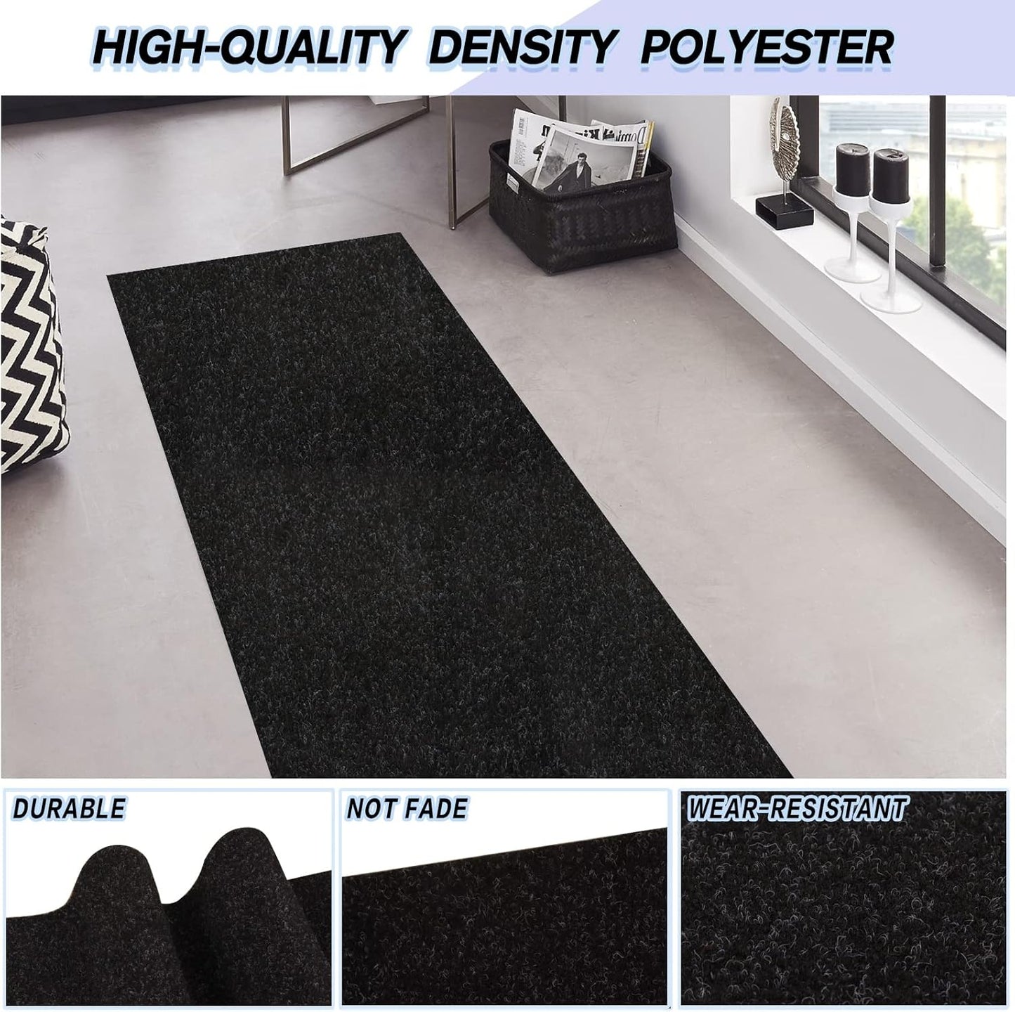 Custom Size Backed Non-Slip Area Rugs Runner, Easy Clean, Waterproof Runner Rugs for Hallway Entryway, Kitchen, Laundry, 3FT x 69FT, Black