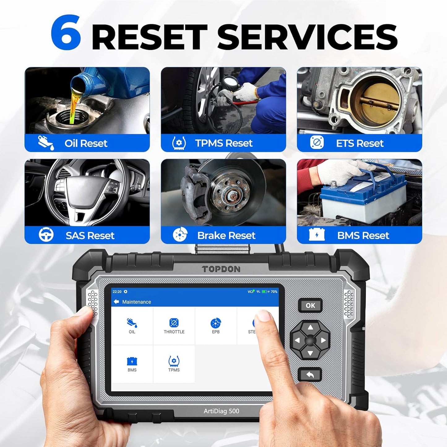OBD2 Scanner TOPDON AD500, Oil SAS Throttle TPMS BMS EPB Reset, Engine ABS SRS Transmission, Diagnostic Scan Tool, AutoVIN, Car Check Engine Code Reader with Battery Test, Lifetime Wi-Fi Free Update