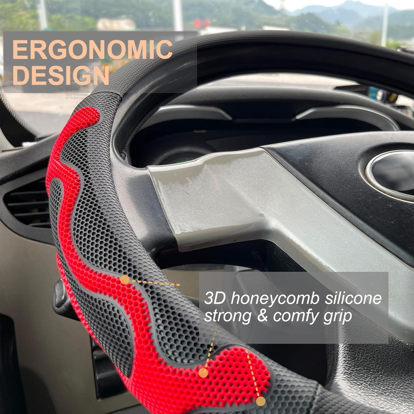 PINCTROT XL Size 17.5-18 Inch Comfy Grip Steering Wheel Cover for Semi Truck, Fits RV, Big Rig Trucker, 18 Wheeler and Classic Cars, Anti-Slip Design 17.5-18 Inch(Silicone Red)