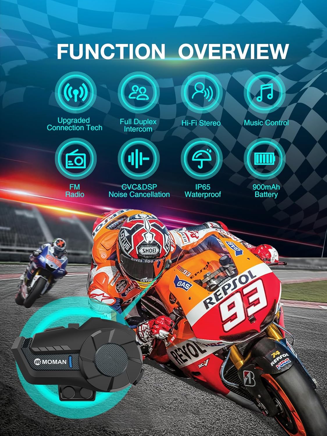 Motorcycle Intercom Headset, Moman H2 Pro【1 Pack Carbon】 Helmet Wireless Communication 5.1 System with DSP&CVC Noise Cancellation Music Share AI Assistant, Motorcycle-Intercom-Headset-Helmet-Motorbike