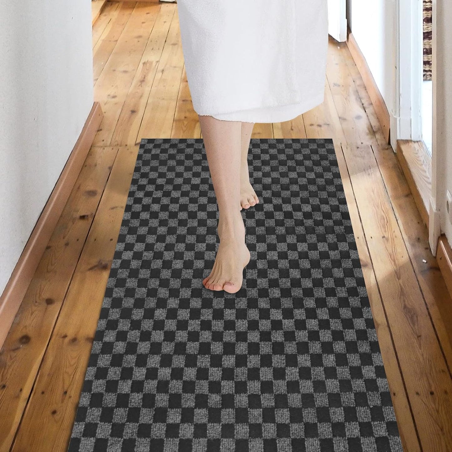 Custom Size Backed Non-Slip Area Rugs Runner, Easy Clean, Waterproof Runner Rugs for Hallway Entryway, Kitchen, Laundry, 3FT x 15FT, Gray Checkered