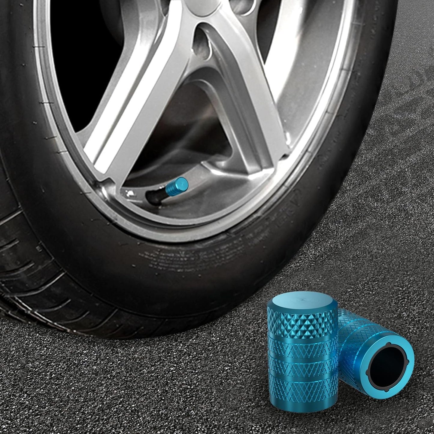 CKAuto Tire Valve Stem Caps, Cyan, 4 pcs/Pack, Anodized Aluminum Tire Valve Cap Set, Corrosion Resistant, Universal Stem Covers for Cars Trucks Motorcycles SUVs and Bikes