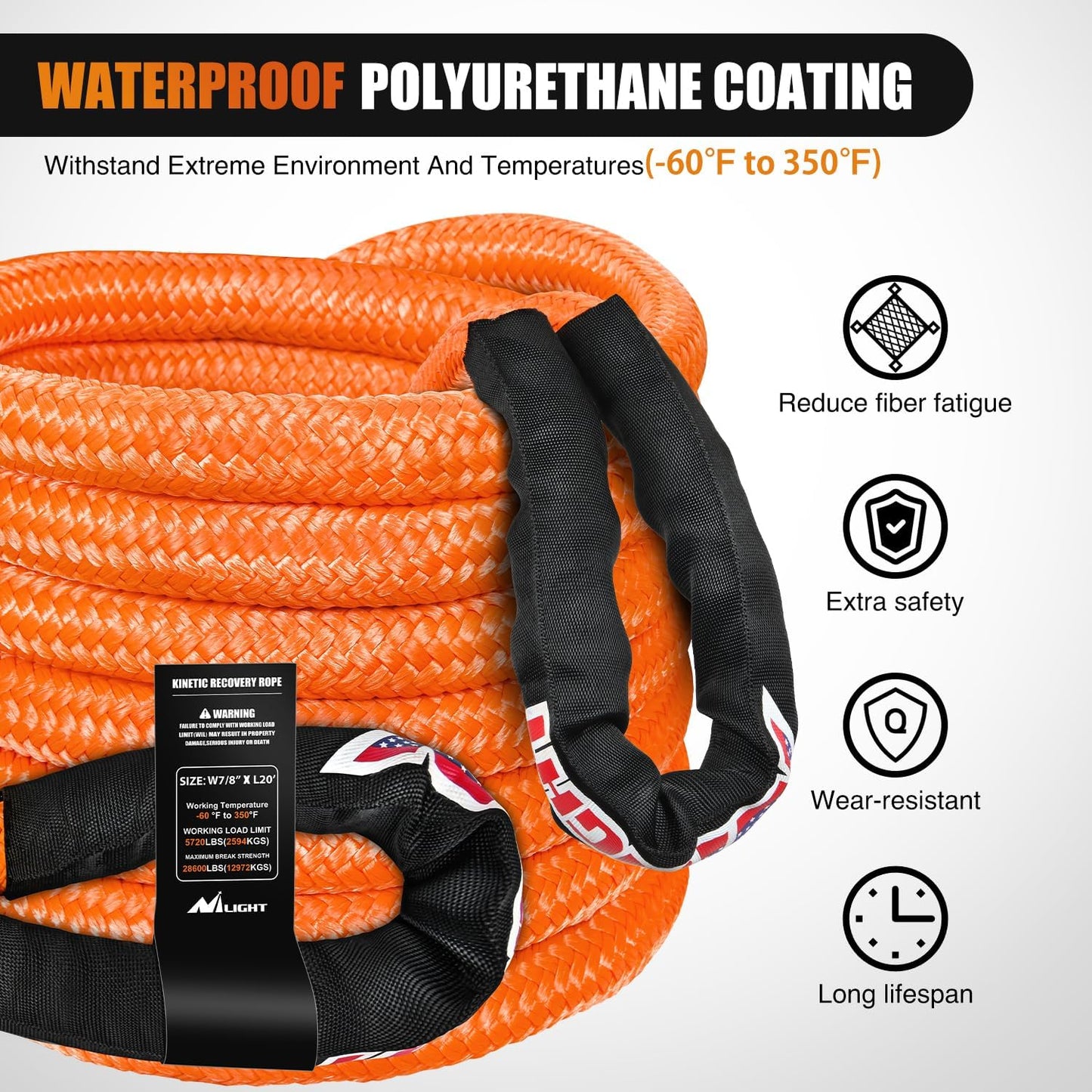 Nilight Kinetic Recovery Rope 28,600LBS 7/8" x 20ft Snatch Strap Heavy Duty Offroad Towing Strap Kit Vehicle Recovery kit for UTV ATV SUV Truck Car Jeep Tractor