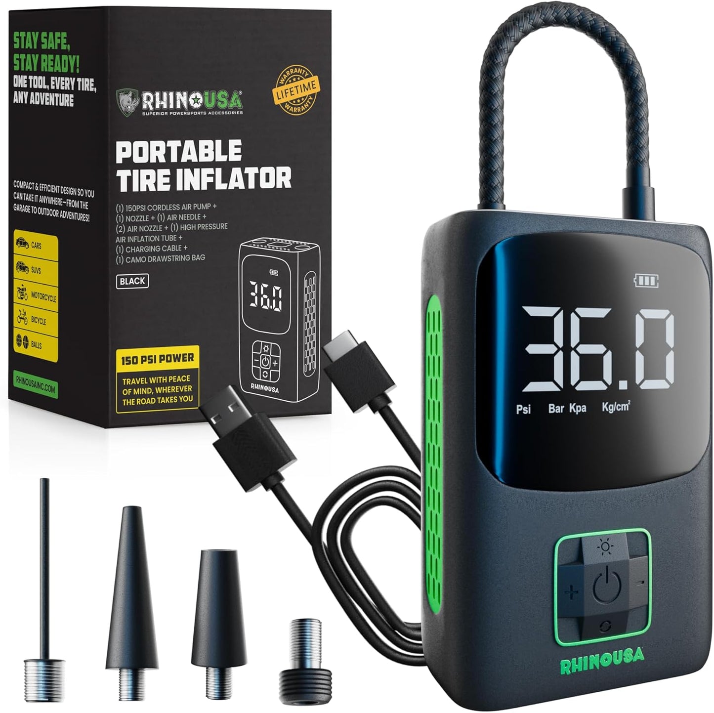 Rhino USA Tire Inflator Portable Air Compressor (150 PSI) Upgraded Air Pump for Car Tires with Digital Pressure Gauge - Best Mini Air Pump for Bike Tires with Dual LCD Screen (Black & Green)