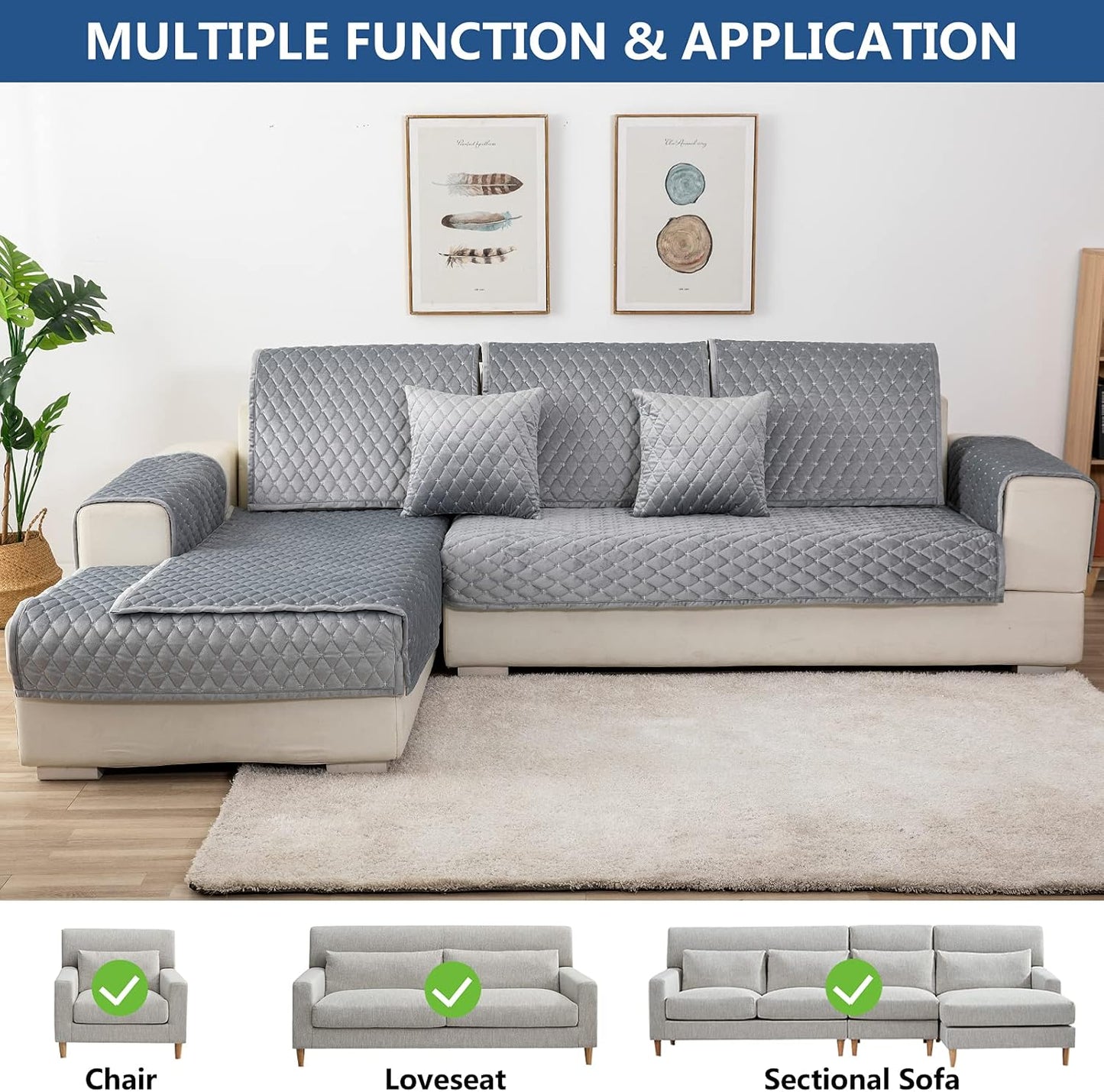 Eismodra Couch Cover,Sectional Couch Covers,Sofa Covers for 3 Cushion Couch,Anti-Slip Sofa Slipcovers for Dogs Cats Kids Loveseat Recliner L Shaped Armrest Backrest,Light Gray 36''x82''(Only 1 Piece)
