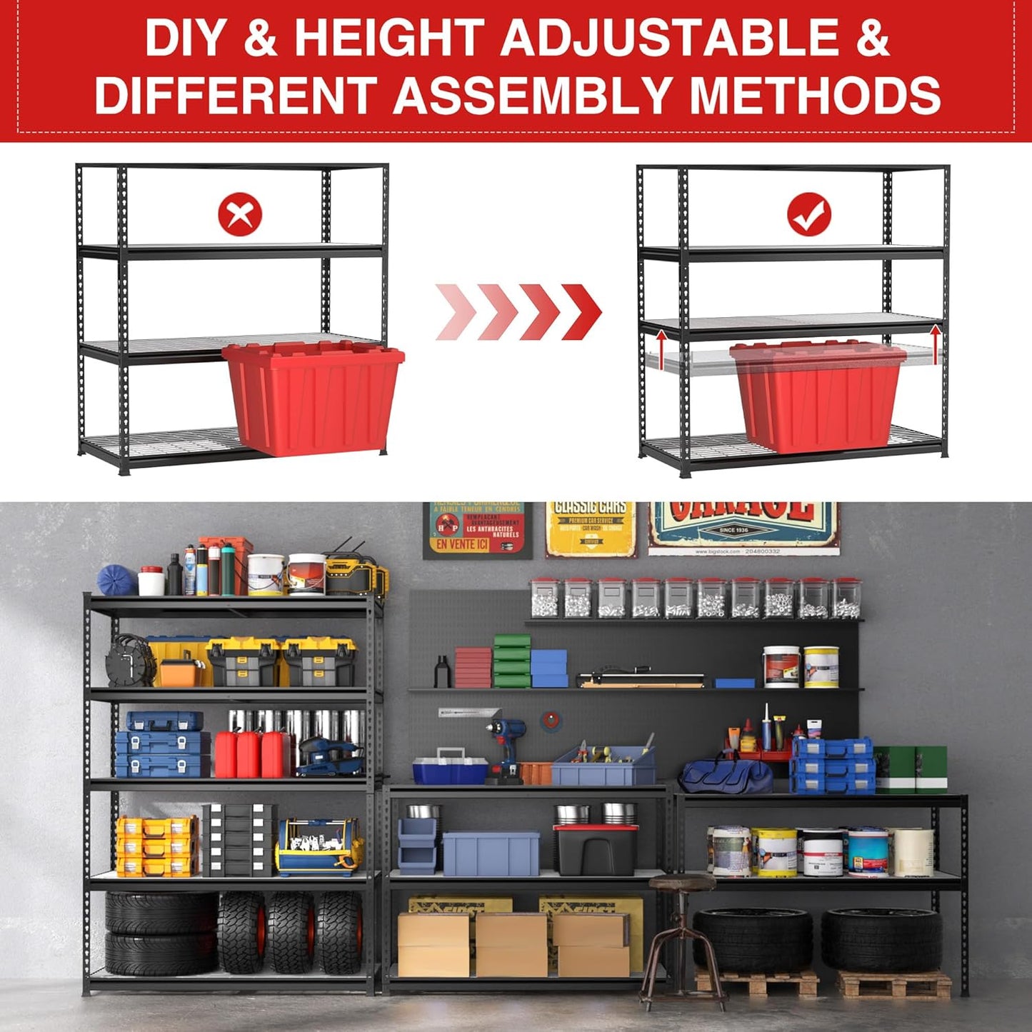 WORKPRO 4000LBS Heavy Duty Shelving, 48”W x 24”D x 72”H, 5-Tier Storage Shelves, Adjustable Metal Shelving, Garage Shelving for Basement, Warehouse, Workshop