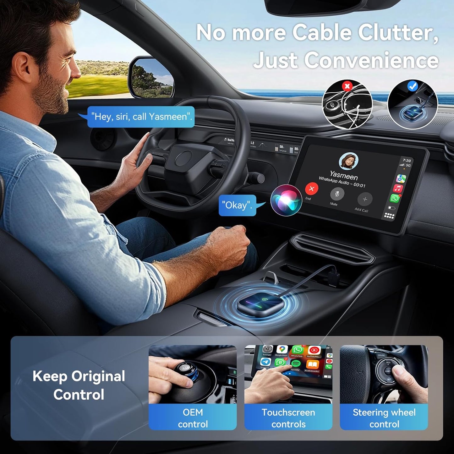 Wireless CarPlay Adapter for iPhone, 2 in 1 Wireless CarPlay and Android Auto Adapter Converts Factory Wired to Wireless, Plug and Play Car Play Adapter with Stable Control and No Delay