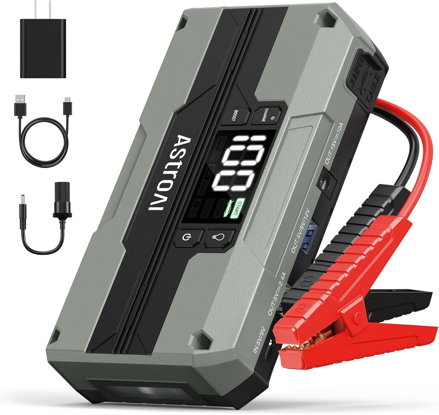 AstroAI T8 Car Battery Jump Starter, 2500A 8-in-1 Jump Box for Car Battery, Up to 8.0L Gas & 5.0L Diesel Engine, 15200mAh QC 3.0 Power Bank, Informative LED Screen with Cigarette Adapter, Jumper Cable