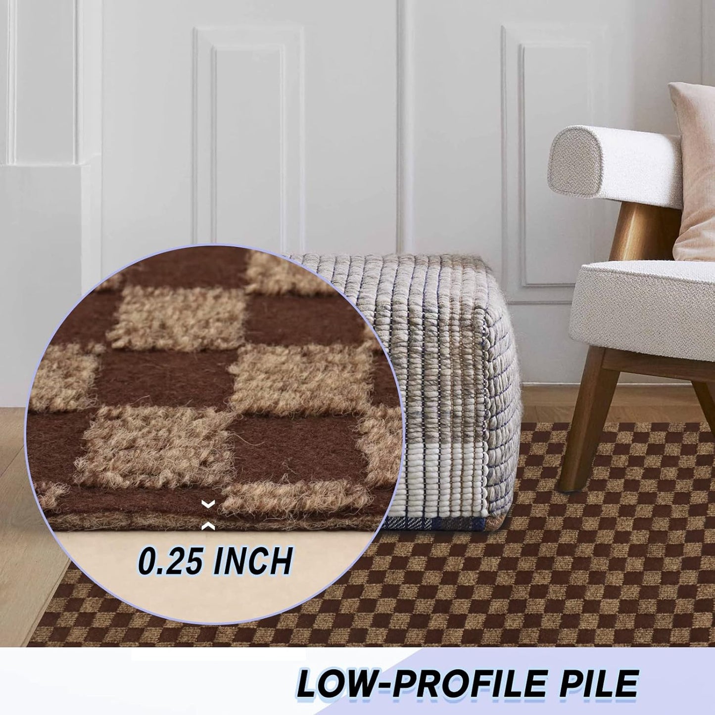 Custom Size Backed Non-Slip Area Rugs Runner, Easy Clean, Waterproof Runner Rugs for Hallway Entryway, Kitchen, Laundry, 2FT x 43FT, Brown Checkered