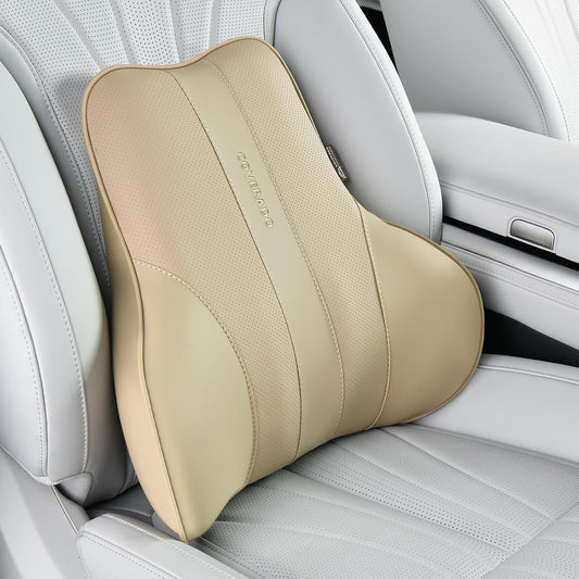Coverado Lumbar Support Pillow for Car, Ergonomic Memory Foam Back Pillow for Office Chair, Back Cushion for Back Pain Relief, PU Leather Car Lumbar Support for Driving Seat - Beige