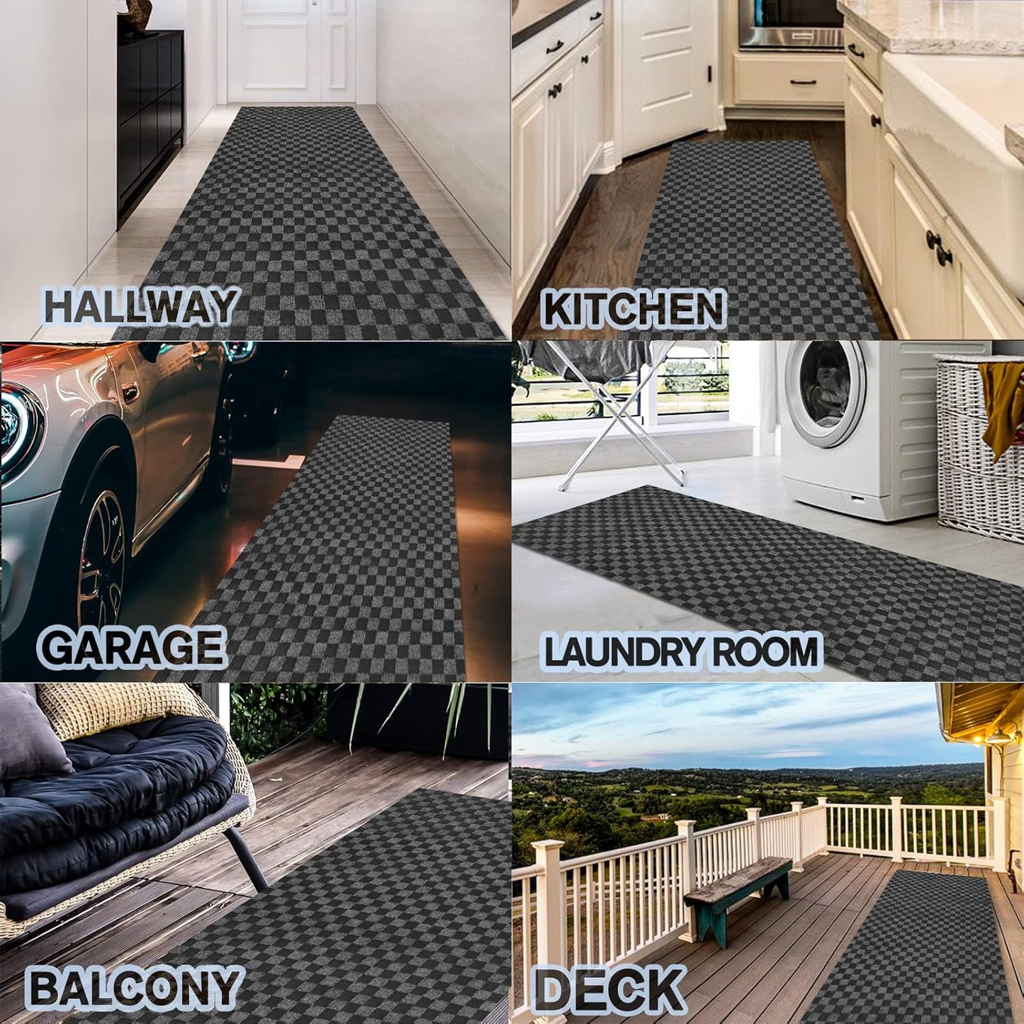 Custom Size Backed Non-Slip Area Rugs Runner, Easy Clean, Waterproof Runner Rugs for Hallway Entryway, Kitchen, Laundry, 2FT x 15FT, Gray Checkered