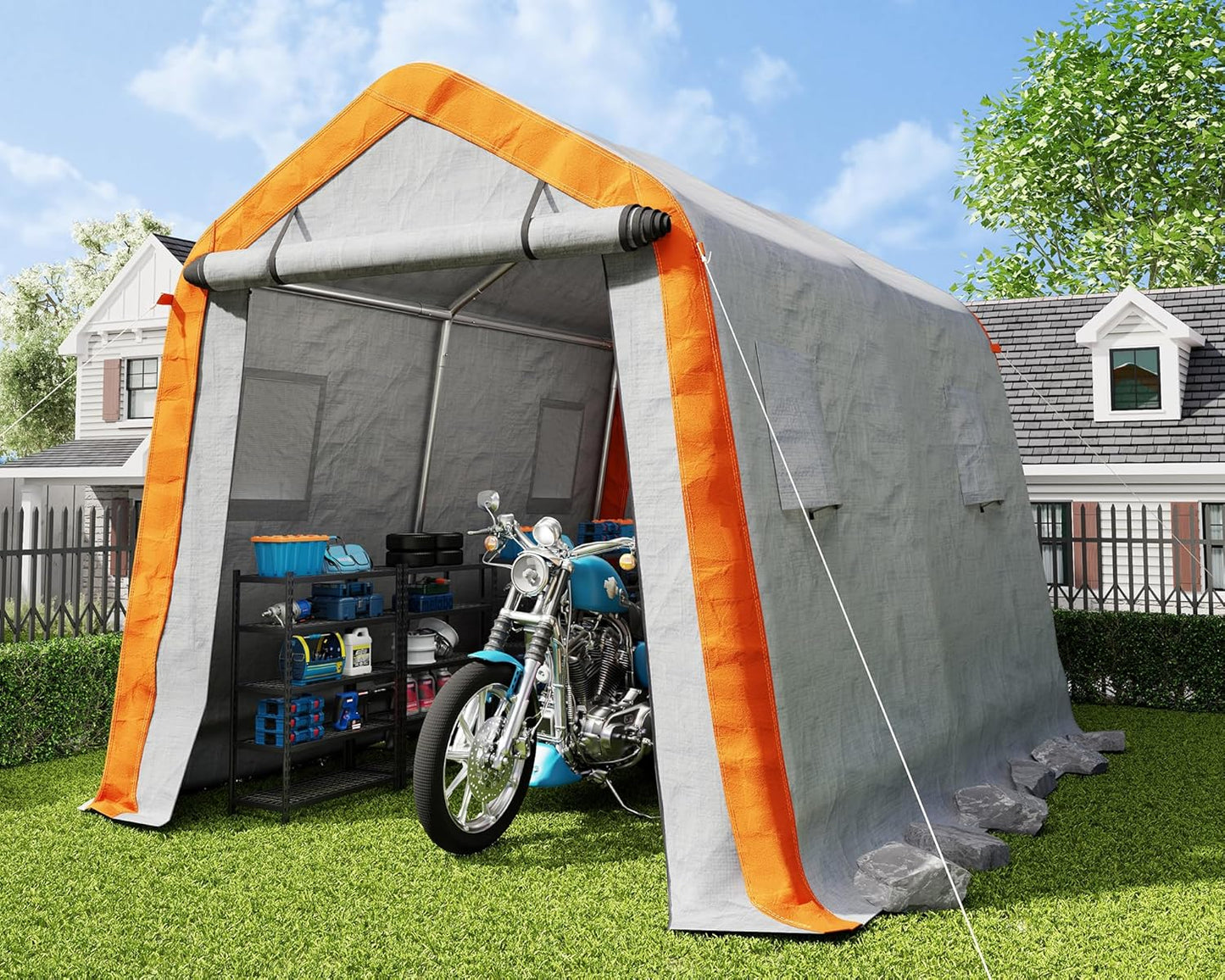 AMERLIFE 8x10x8 FT Heavy Duty Portable Shed Storage Shelter, Outdoor Storage Shed with 4 Waterproof Windows & Roll-Up Zipper Door, Carport for Motorcycle, Bike, Grey