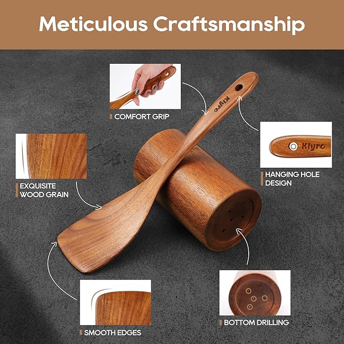 Wooden Spoons for Cooking, Nonstick Kitchen Utensils Set with 4 Piece Measuring Spoons, Comfort Grip Wooden Spatula Set, 9 Piece Teak Wooden Cooking Utensils with Holder and Spoon Rest