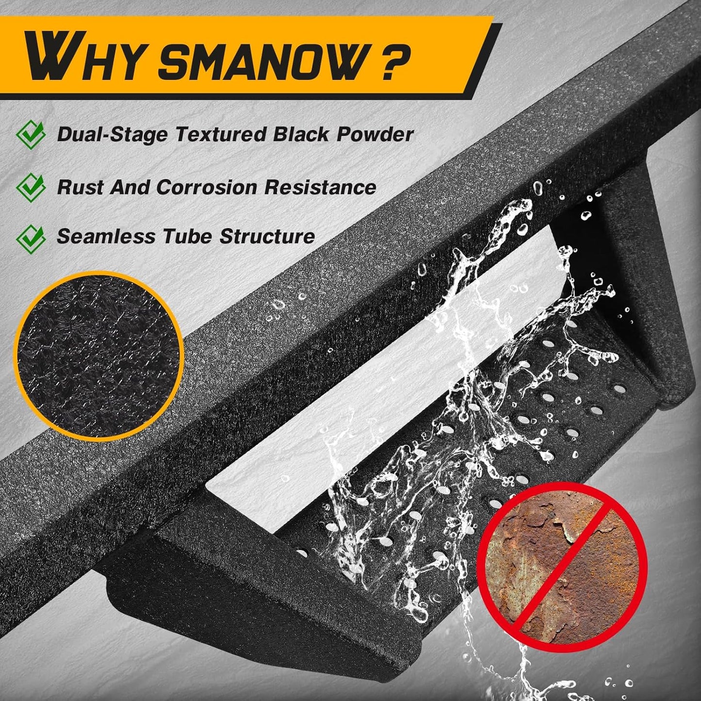 Running Boards Side Steps Compatible for Vehicle 2004-2023 Nissan Titan Crew Cab & 2016-2023 Titan XD Crew Cab. Dual-Stage Textured Black Powder Nerf Bars Step Rails. (BCKA85515-C)