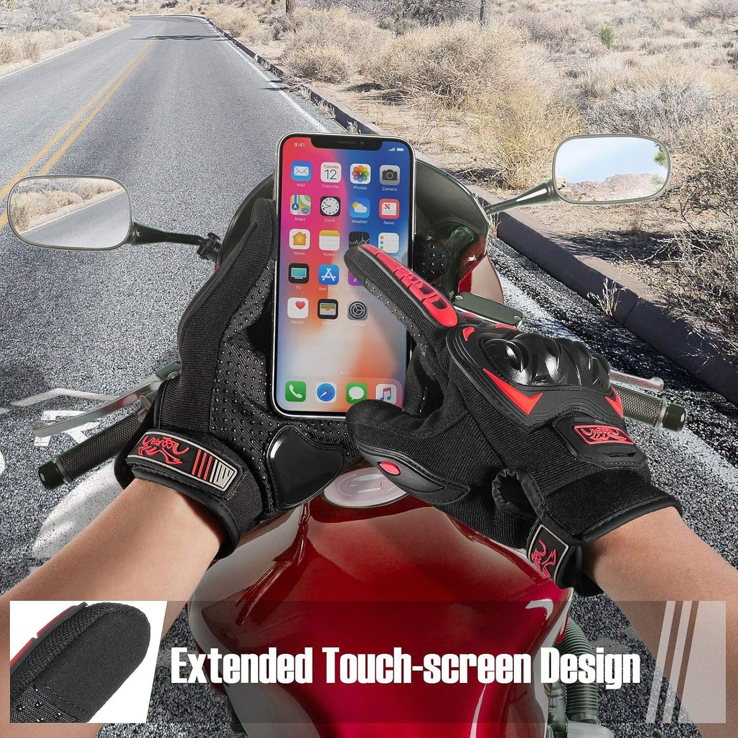 COFIT Motorcycle Gloves Breathable, Touchscreen Motorbike Gloves Anti-Slip with Good Grip Hard Knuckles Protection for Men Women Motocross, BMX ATV MTB Cycling, Road Racing - Red L